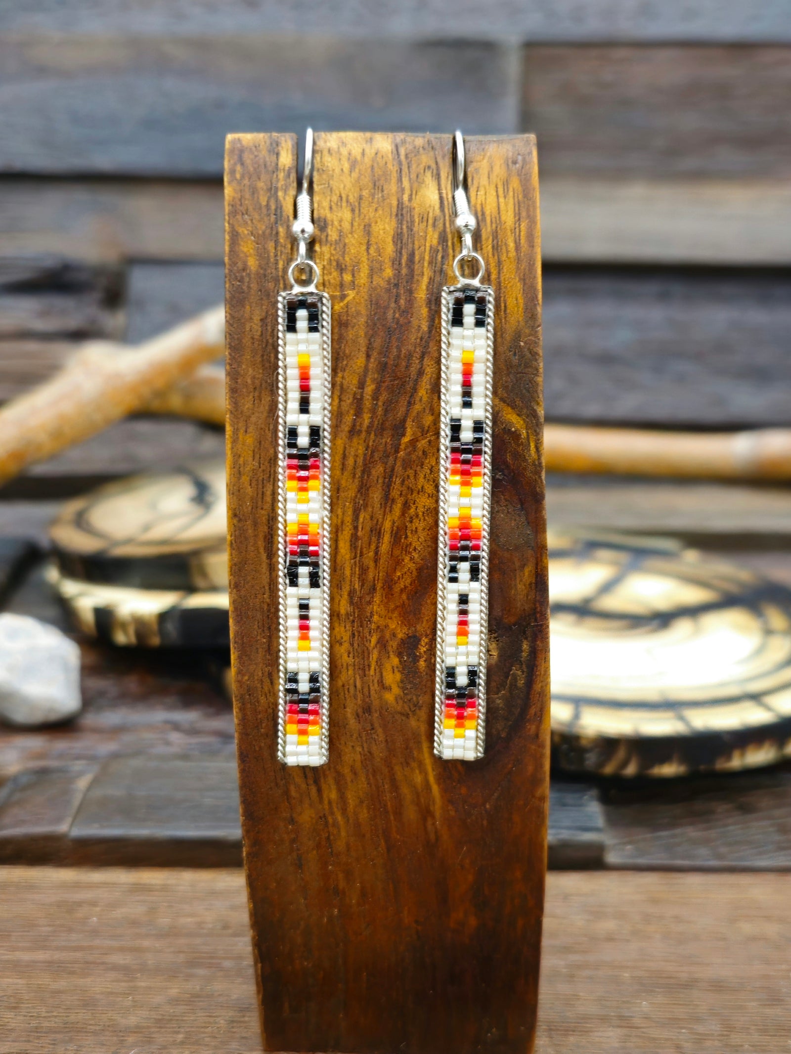 Long Beaded Sterling Silver Earrings by Lucille Ramone  - White and Black