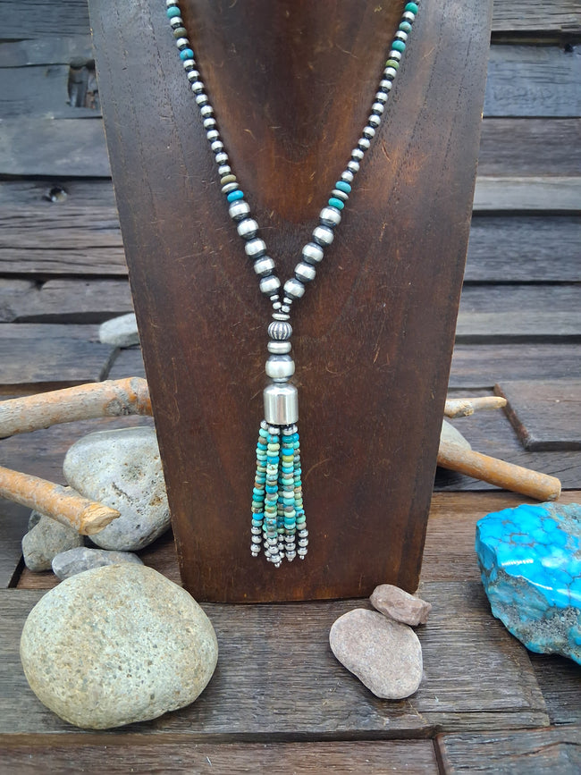 Sterling Silver Blue and Green Turquoise Tassel Necklace - 26 in.
