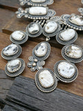 Extra Large Stamped Sterling Silver White Buffalo Squash Blossom Necklace by Leon Martinez - 30 in.