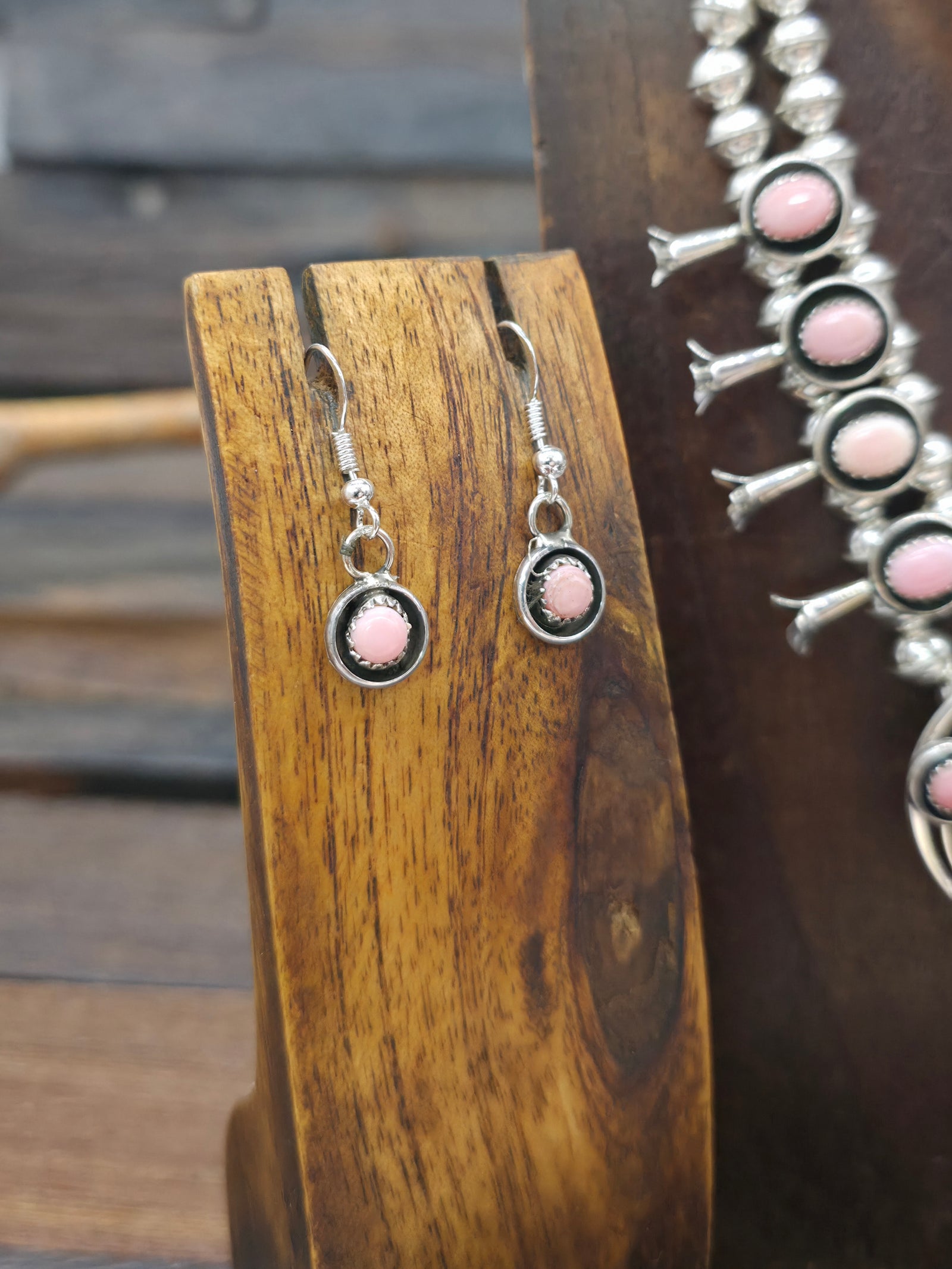 Sterling Silver Pink Conch Squash Blossom Necklace and Earring Set by Phil and Lenora Garcia - 18 in.
