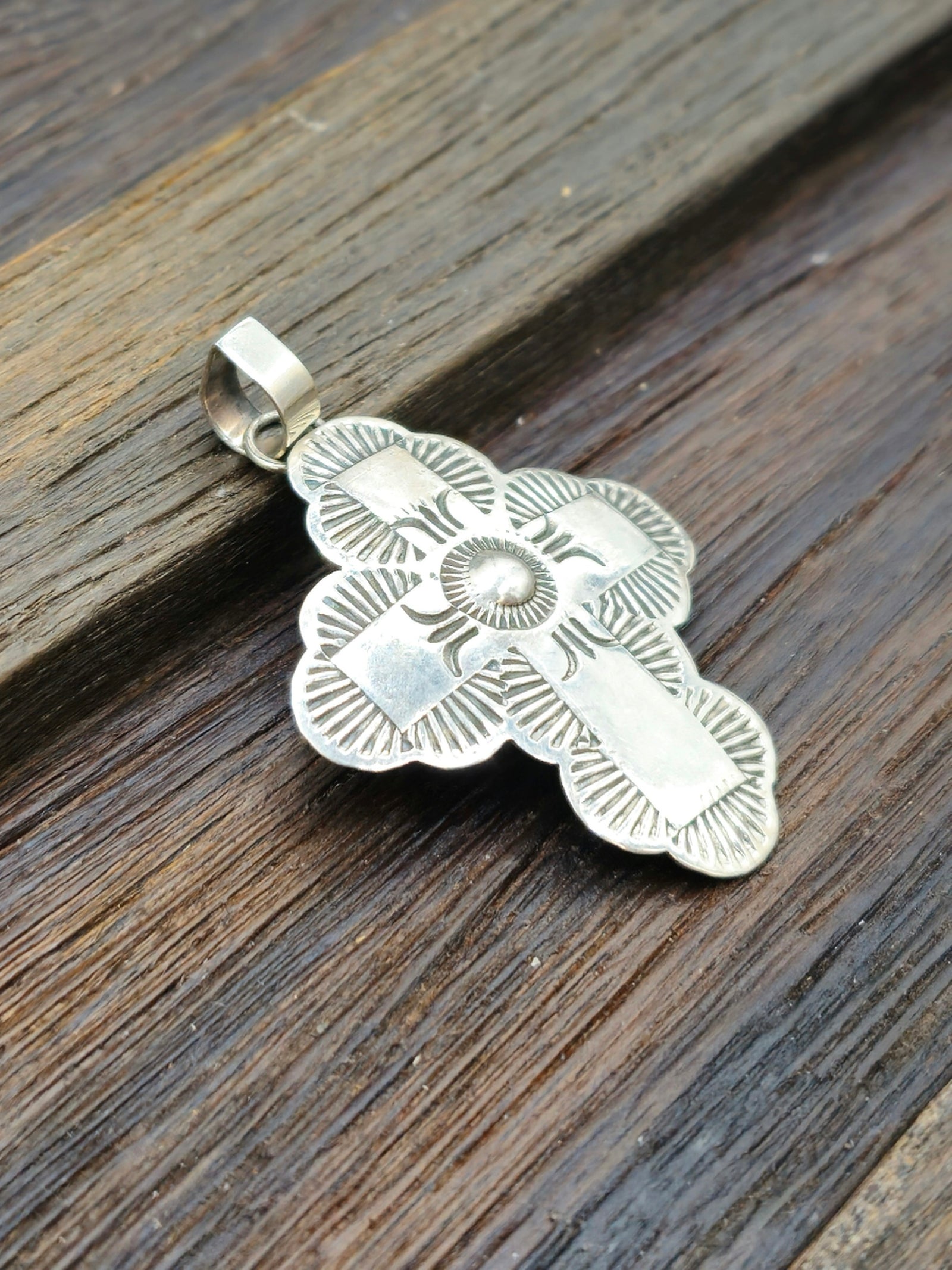 Stamped High-Shine Sterling Silver Cross Pendant by Bertha Begay