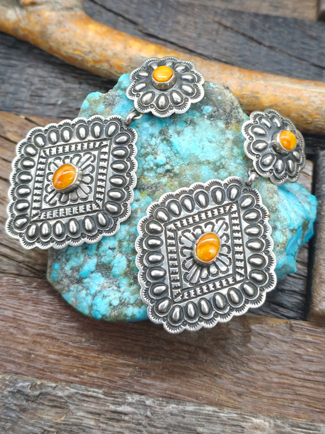 Stamped Sterling Silver Spiny Oyster Earrings by Tsosie White - 3 in. by 1 1/2 in.