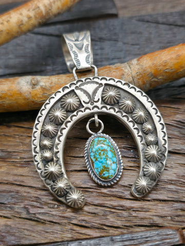 Sterling Silver Kingman Turquoise Pendant by LaRose Ganadanegro - 3 in. by 1 1/4 in.