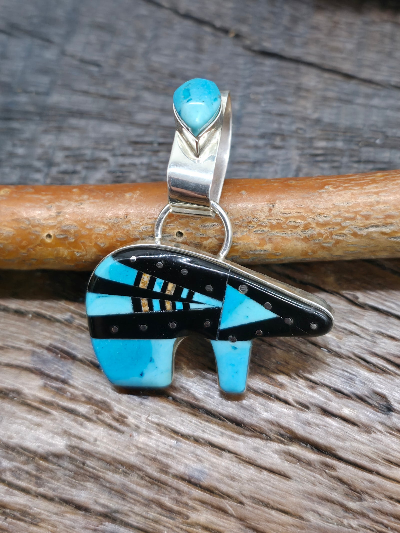 Turquoise and Jet Inlay Sterling Silver Bear Pendant by Ray Jack - 1 3/4 in. by 1 1/2 in.