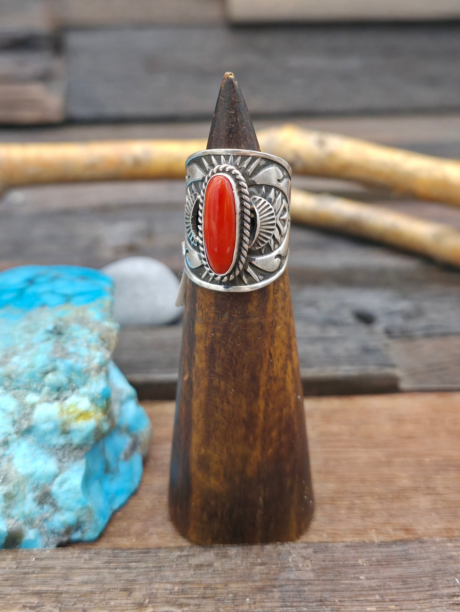 Stamped Sterling Silver and Coral Wide Band Ring by Derrick Cadman - Size 8