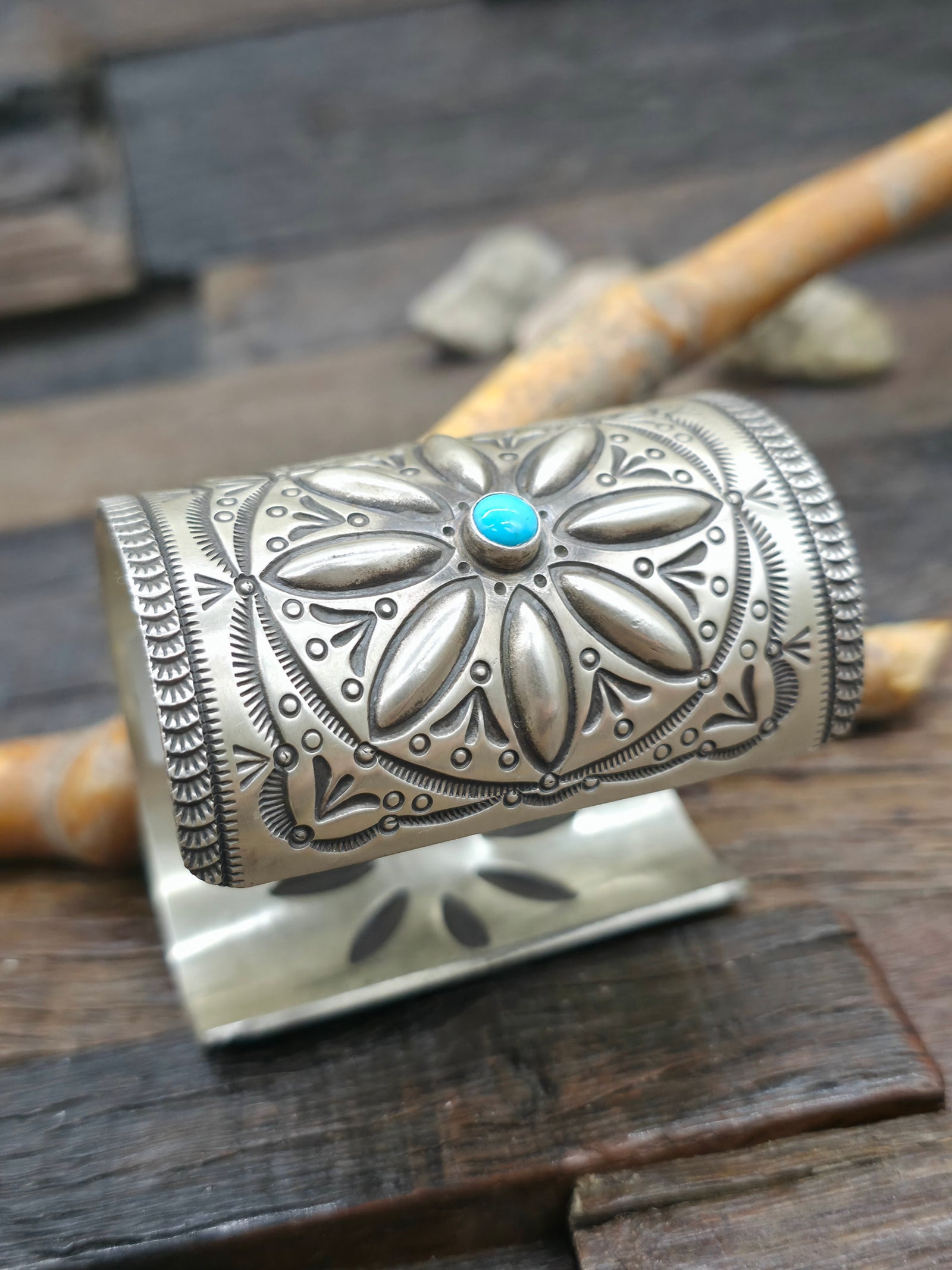 Repousse Stamped Sterling Silver Bracelet with Turquoise by Herman Smith - 6 3/4 in. with Gap