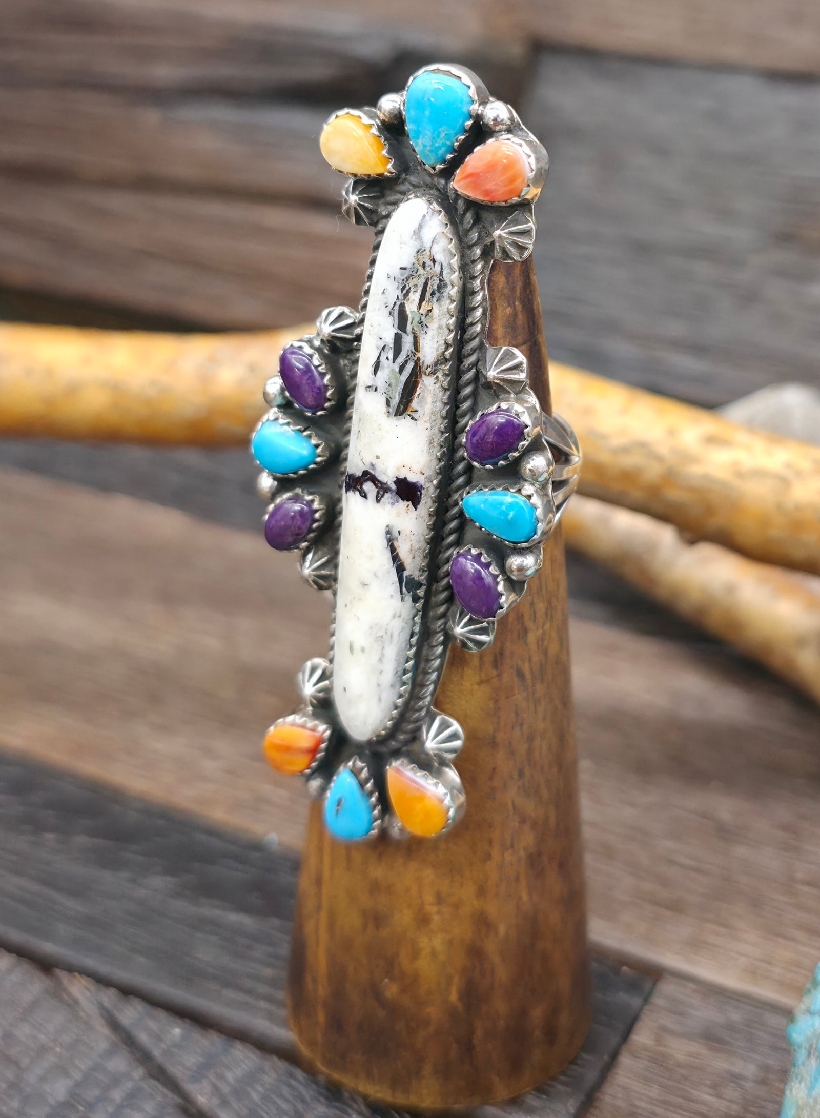 Sterling Silver White Buffalo Ring with Blue Gem Turquoise, Spiny and Sugilite Ring by Rosella Paxson - Size 8 1/2
