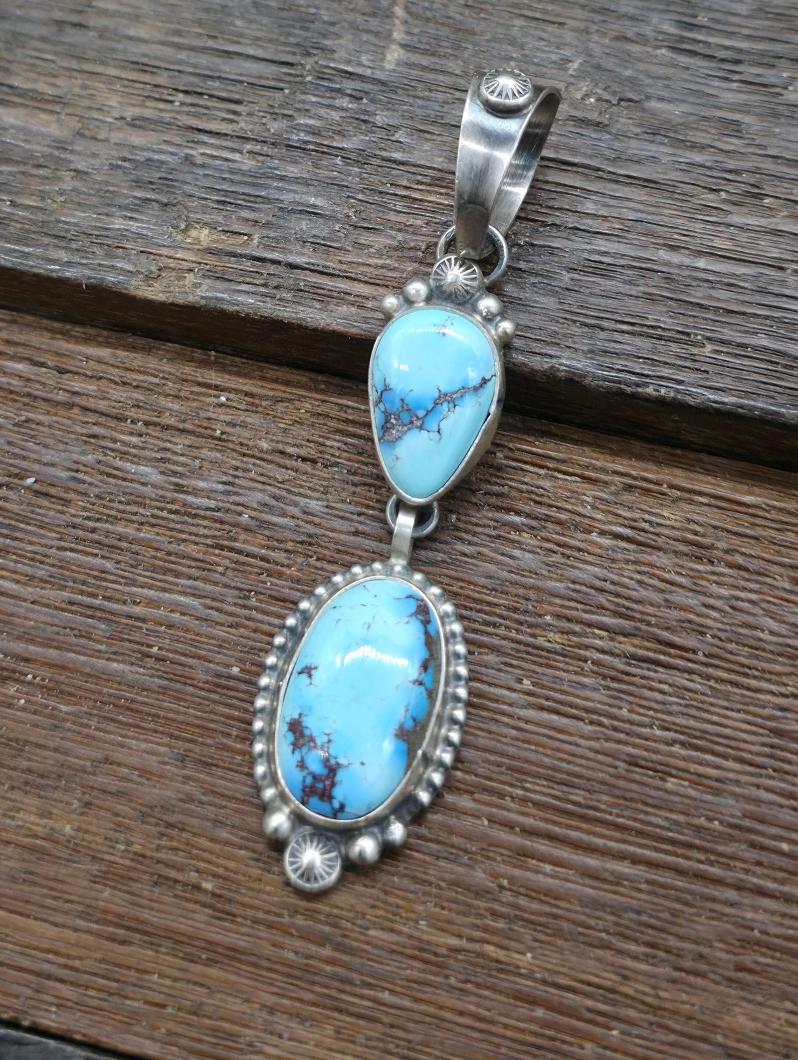 Two Stone Sterling Silver Golden Hills Turquoise Pendant by Thomas Francisco - 2 3/4 in. by 5/8 in.