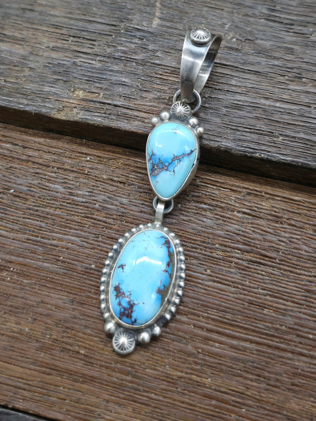 Two Stone Sterling Silver Golden Hills Turquoise Pendant by Thomas Francisco - 2 3/4 in. by 5/8 in.