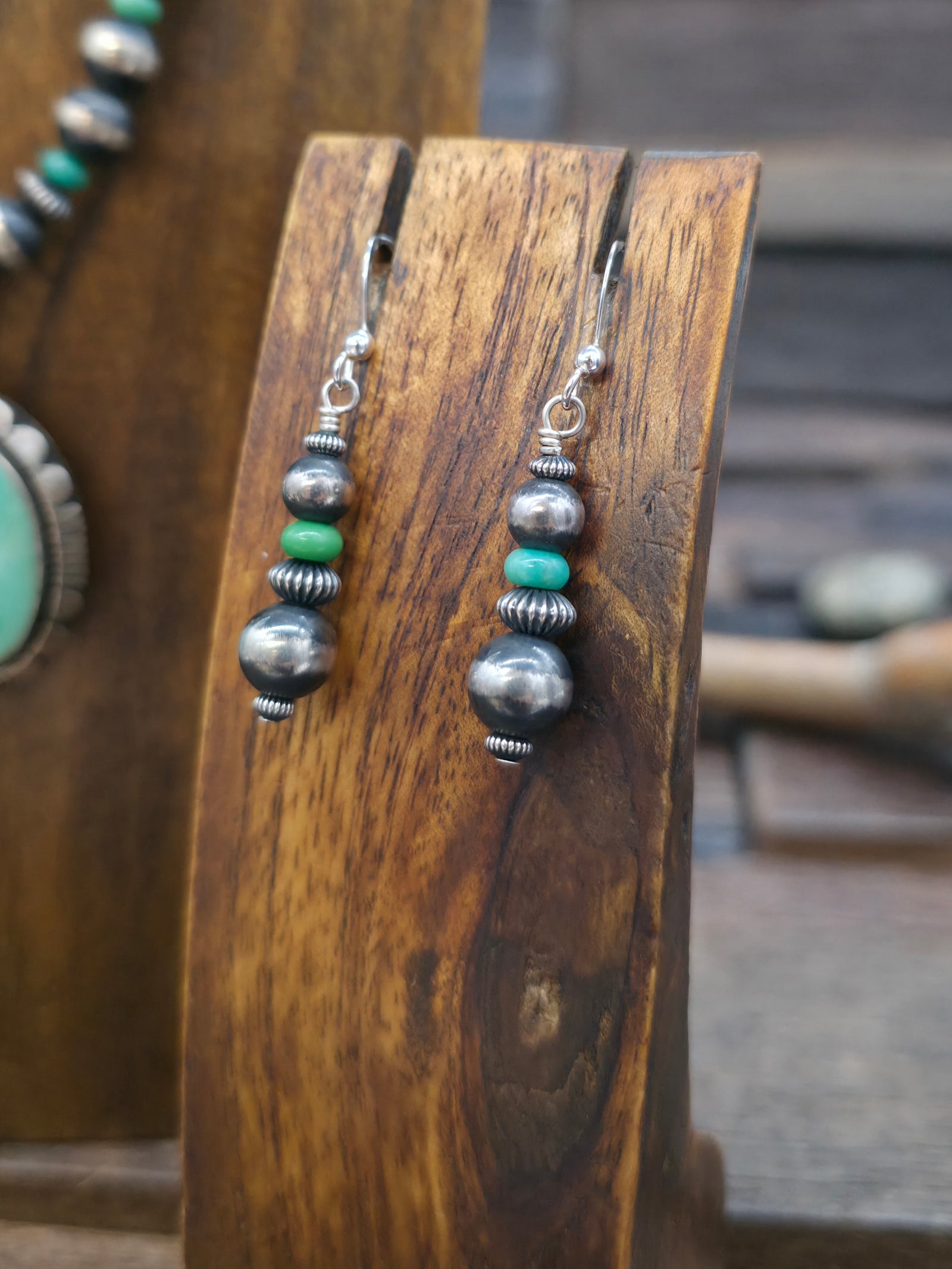 Green Turquoise Oxidized Sterling Silver Bead Necklace and Hook Dangle Earring Set - 18 in.