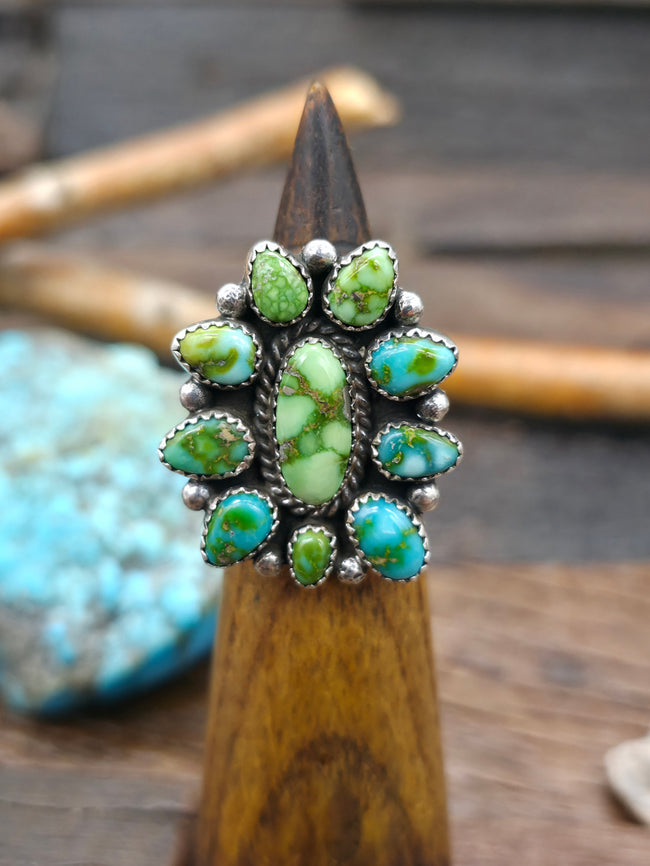 Sterling Silver Sonoran Turquoise Cluster Ring by Linda Yazzie - Size 7 1/2