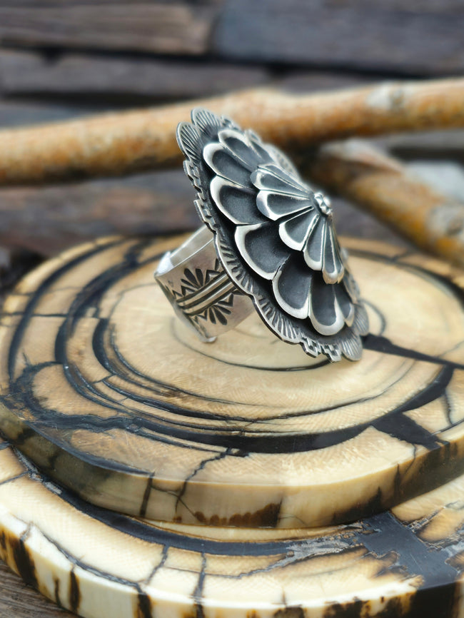 Adjustable Stamped Sterling Silver Ring by Leander Tahe