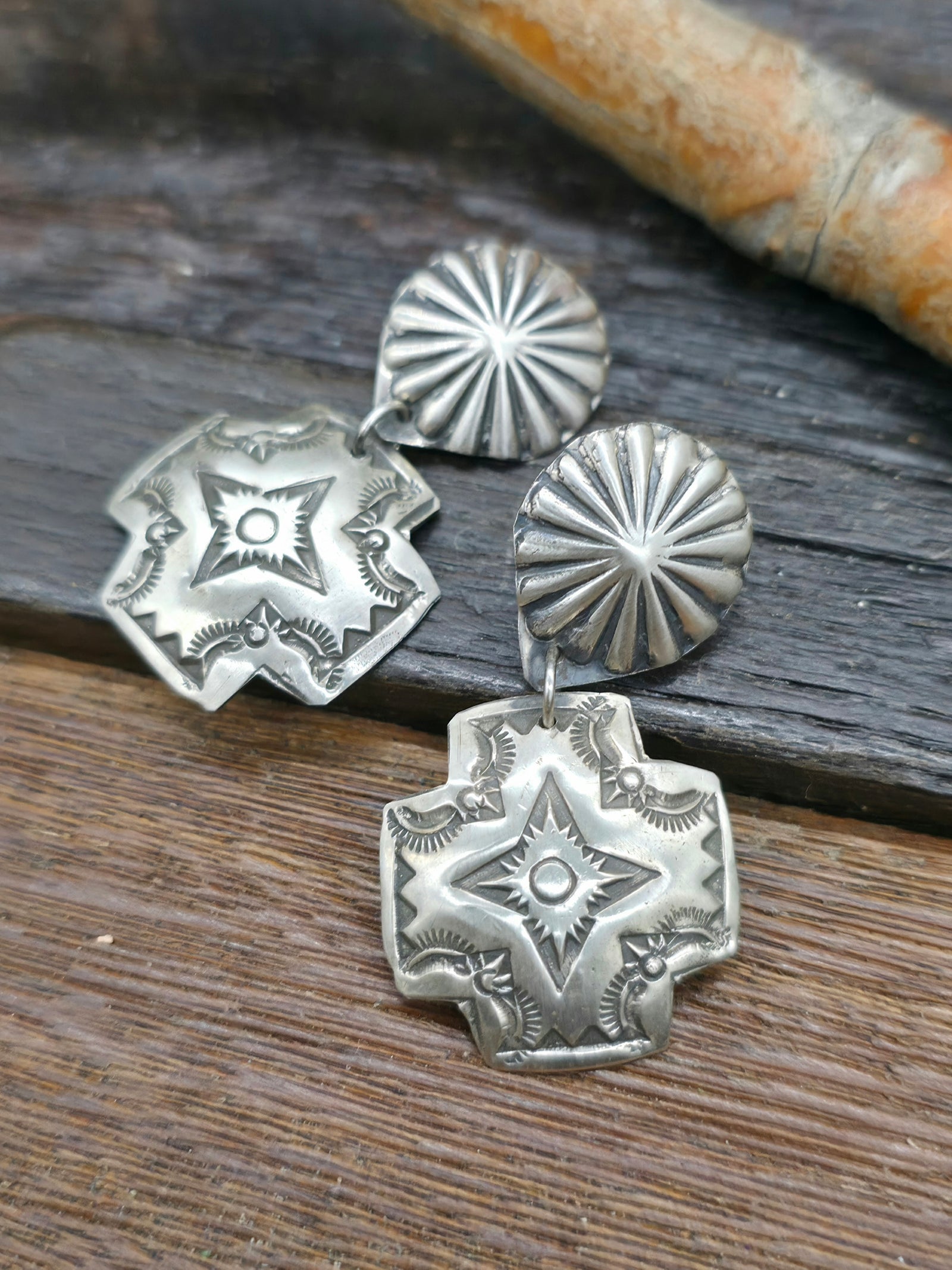 Sterling Silver Stamped Santa Fe Cross Earrings by Vincent Platero
