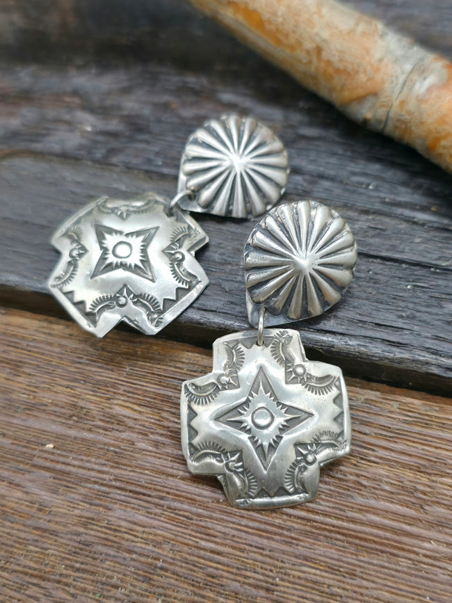 Sterling Silver Stamped Santa Fe Cross Earrings by Vincent Platero
