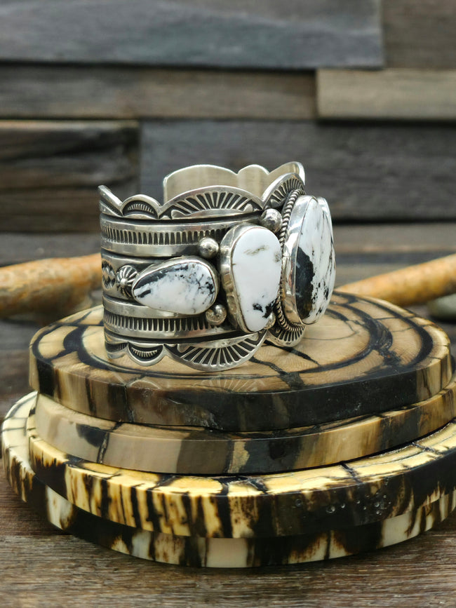 Stamped Sterling Silver and White Buffalo Cuff by Albert Jake  - 6 1/4 in.