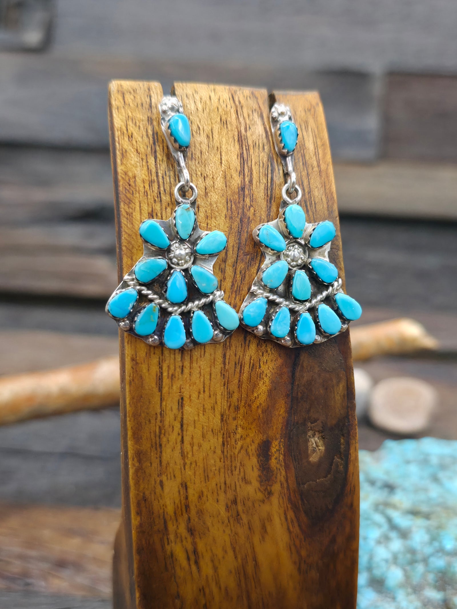 Sterling Silver Turquoise Earrings by Griffin and Angie Tsabetsaye - 1 3/4 in. by 1 in.