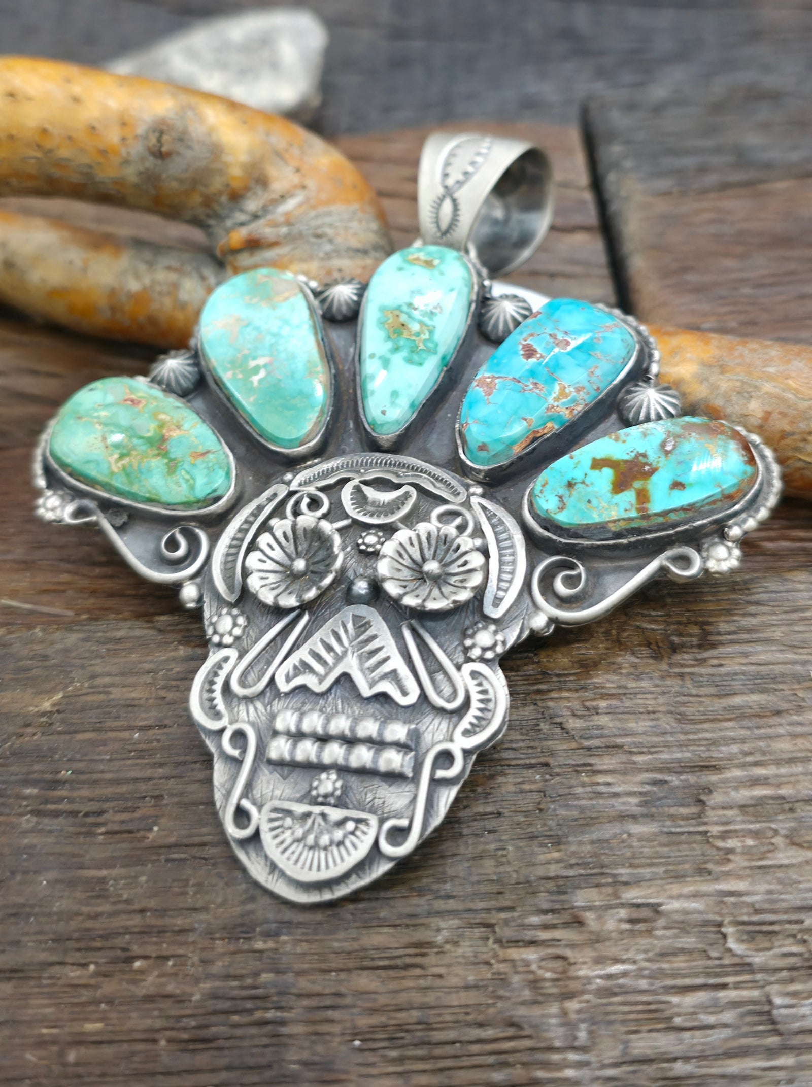 Stamped Sterling Silver Royston Turquoise Skull Pendant by Ronald Tom - 4 in. by 3 in.
