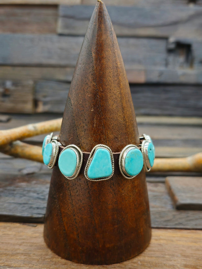 Seven Stone Turquoise Leather Buckle Bracelet