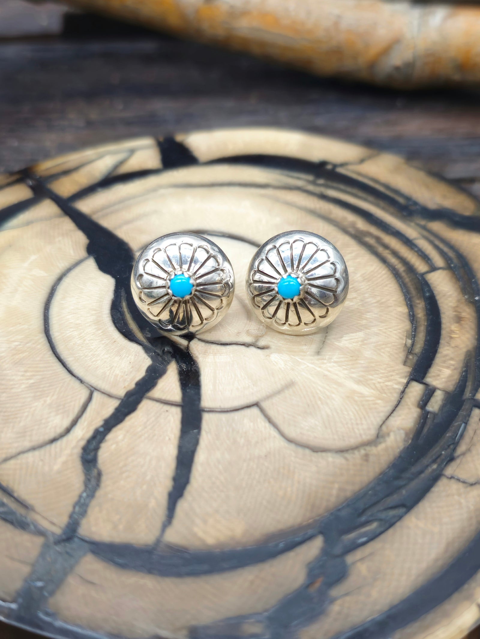 Sterling Silver Mini Concha Post Earrings with Turquoise by Marie Yazzie