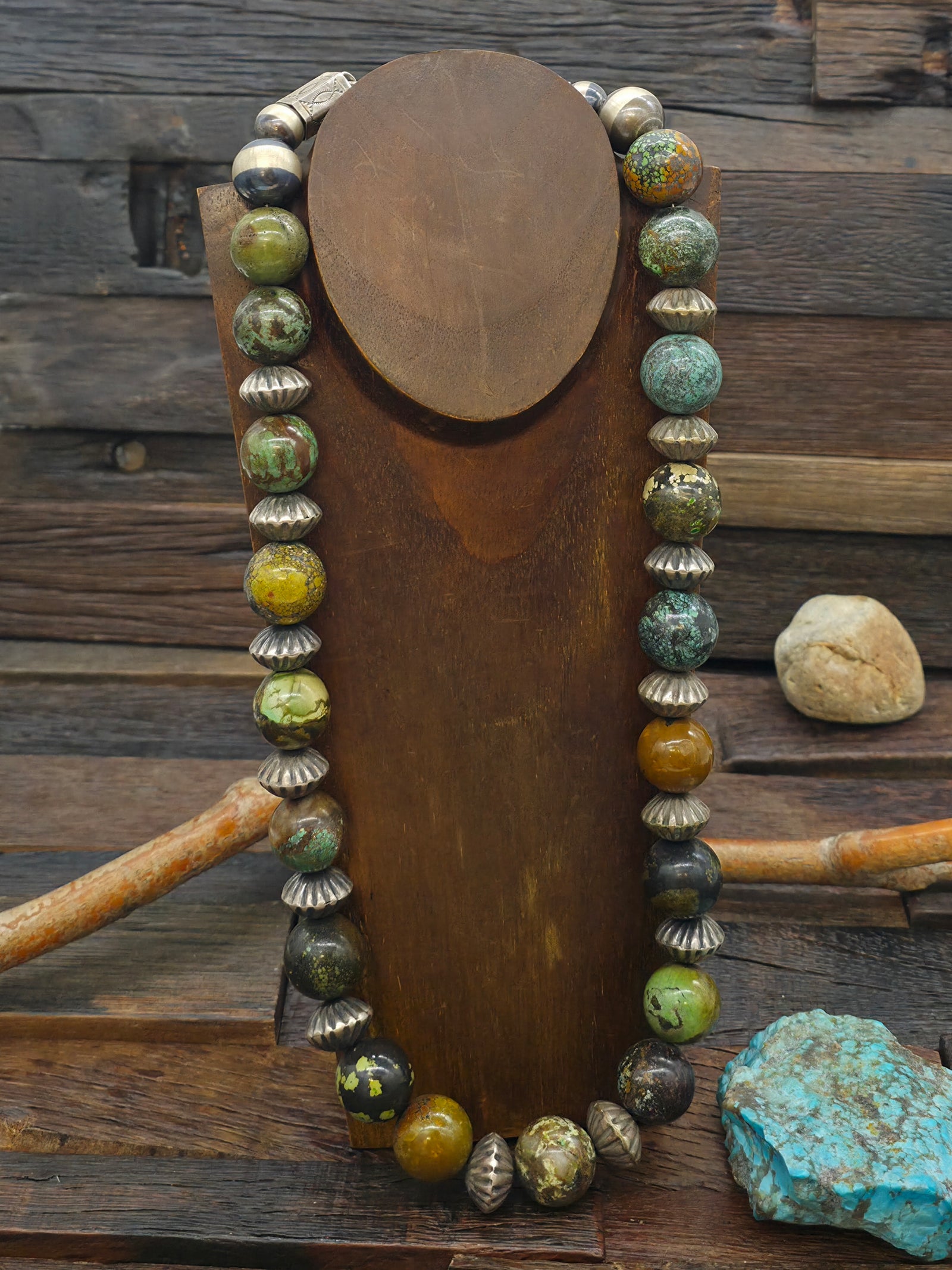 Sky Horse Turquoise and Fluted Sterling Silver bead Necklace by Fred Archuleta - 29 in.