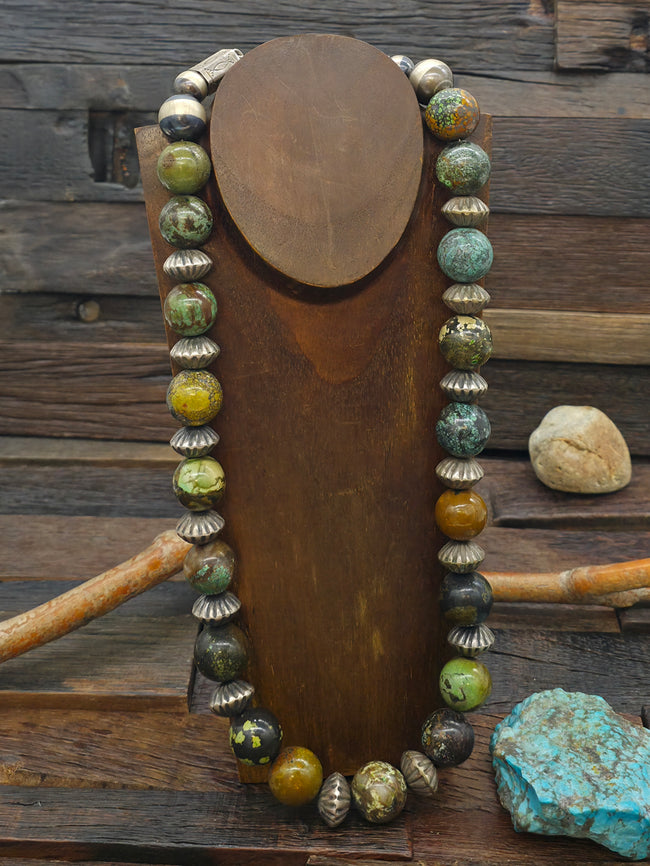 Sky Horse Turquoise and Fluted Sterling Silver bead Necklace by Fred Archuleta - 29 in.