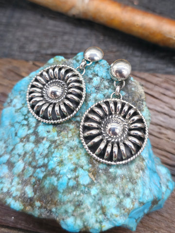 Sterling Silver Turquoise Inlay Round Post Earrings by Lynelle Johnson - 1 in. Diameter