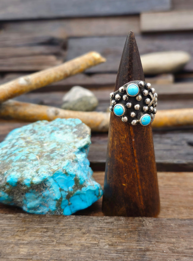 Sterling Silver Cross and Raindrop Turquoise Ring by Geneva Apachito - Size 9