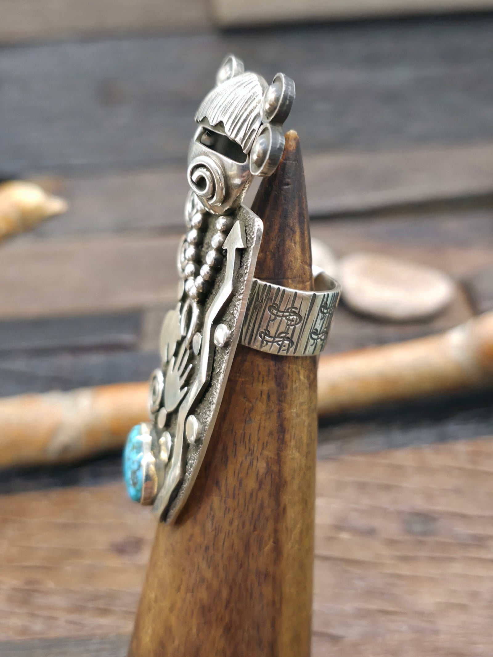 Sterling Silver Kingman Turquoise Kachina Ring by Alex Sanchez - Size 6