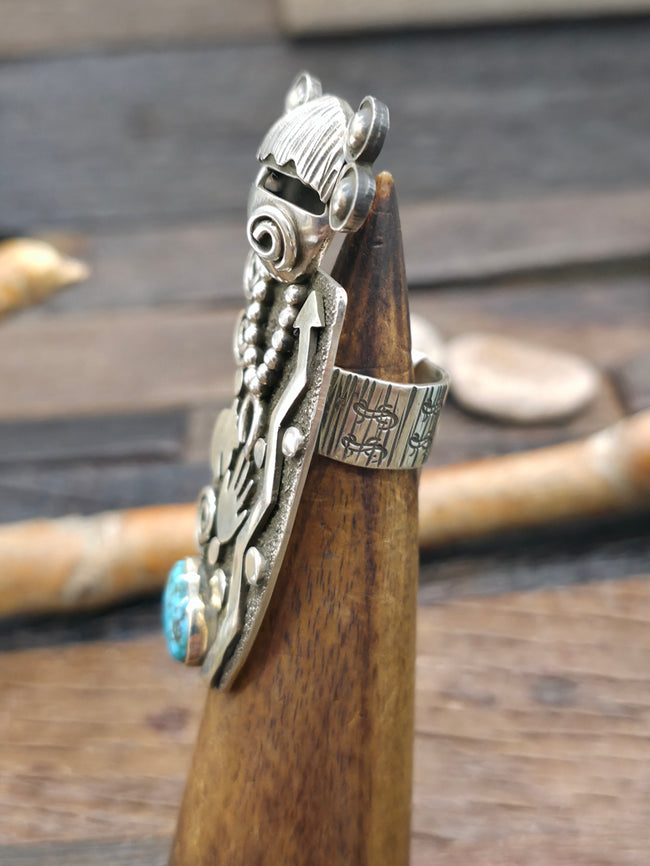 Sterling Silver Kingman Turquoise Kachina Ring by Alex Sanchez - Size 6