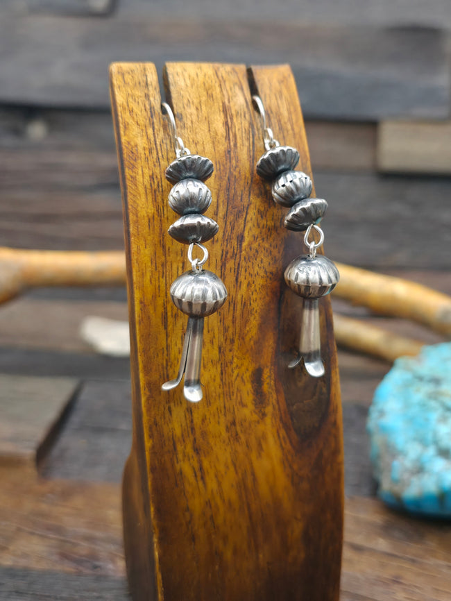 Fluted Sterling Silver Squash Blossom Bead Earrings by Preston Haley - 2 1/2 in. by 10mm Bead