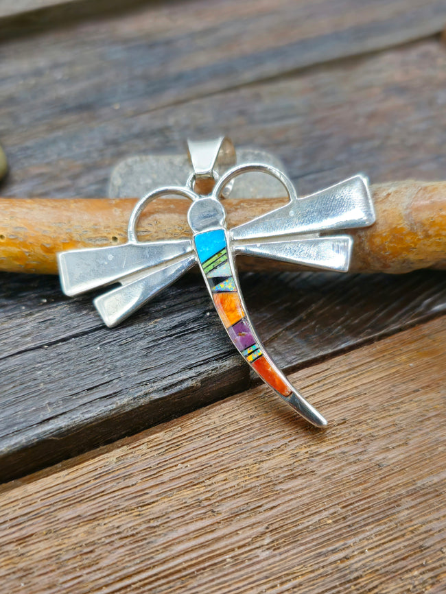 Sterling Silver Dragonfly Inlay Pendant by Calvin Begay