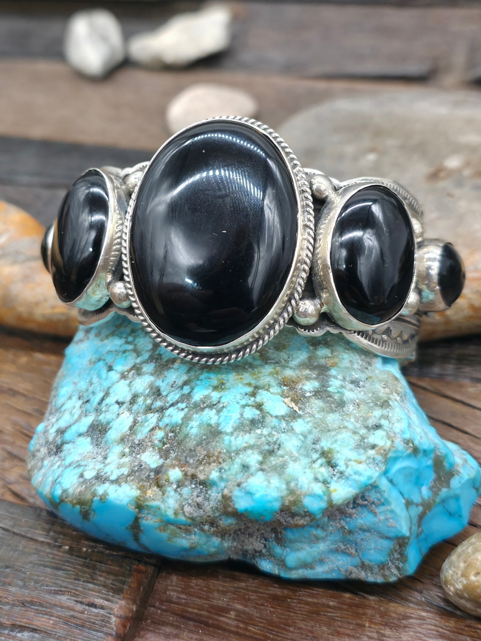 Stamped Sterling Silver Five Stone Onyx Cuff by Happy Piasso - 7 in. with Gap