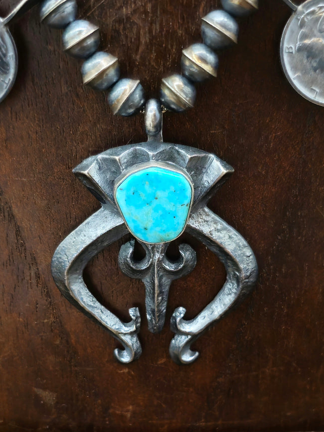 Oxidized Sterling Silver and Blue Turquoise Mercury Dime Squash Blossom Set by Mekeinto Jim - 22 in