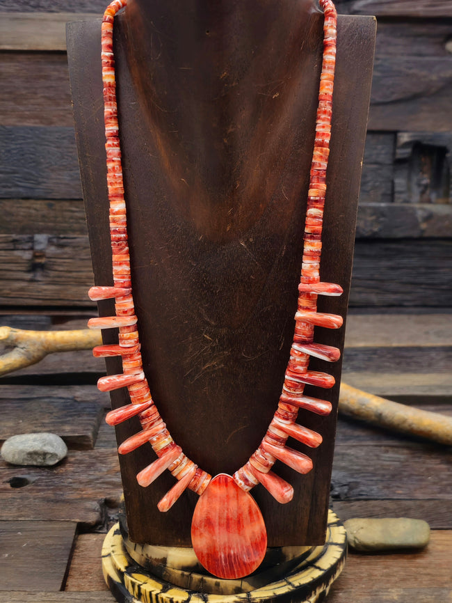 Red Spiny Oyster Tab Necklace by Lupe Lovato - 22 in