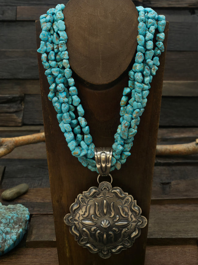 Five Strand Turquoise Nugget Necklace by Juanita Skeets with Sterling Silver Pendant by Roland Dixson - 20 in.