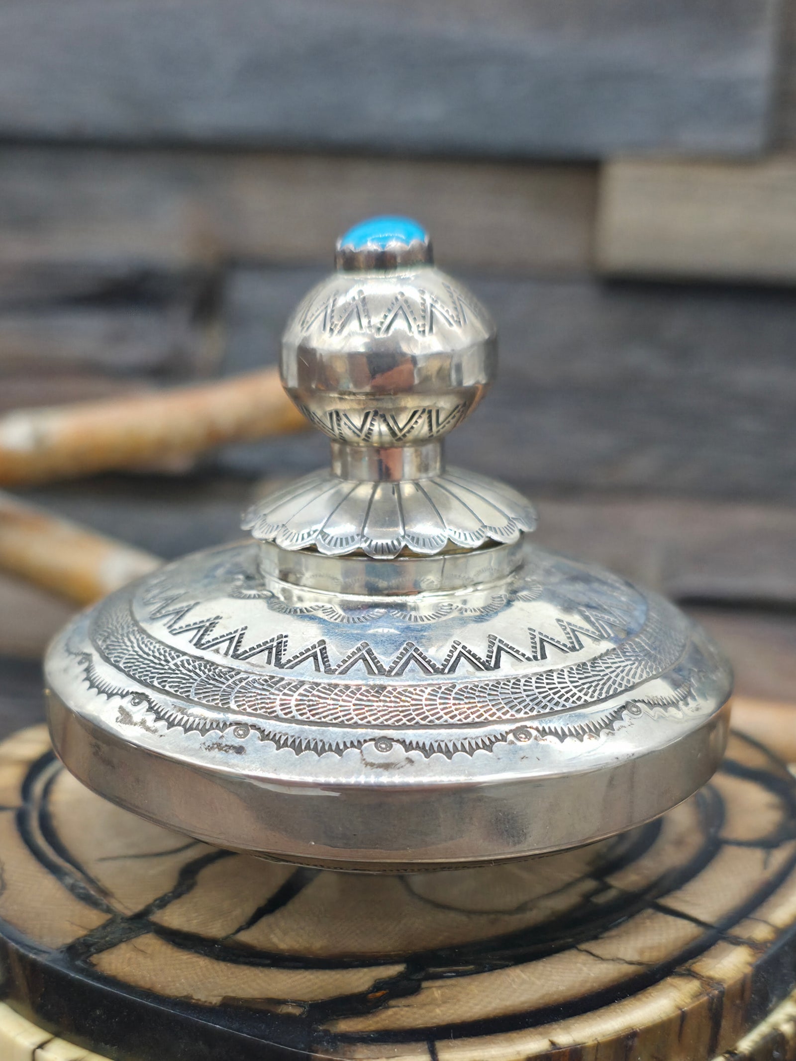 Stamped Sterling Silver and Turquoise Jar with Lid by Jeffrey Castillo - 2 1/2 in. by 3 in.