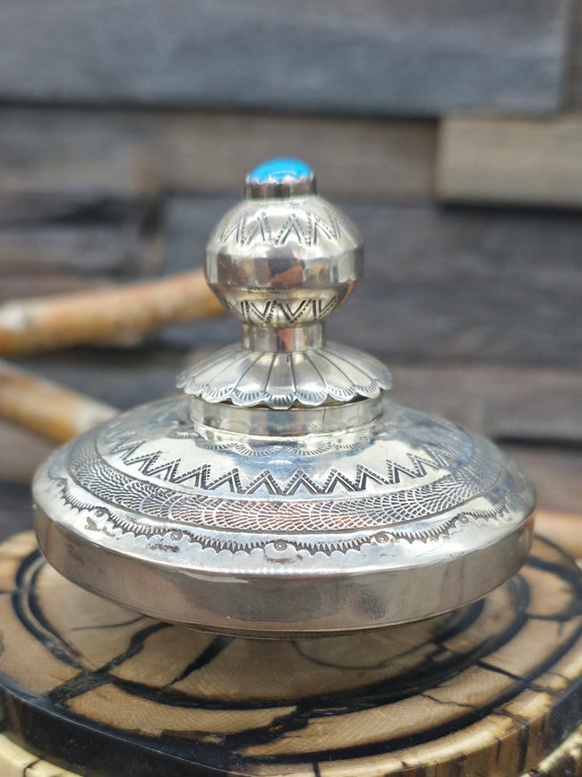 Stamped Sterling Silver and Turquoise Jar with Lid by Jeffrey Castillo - 2 1/2 in. by 3 in.