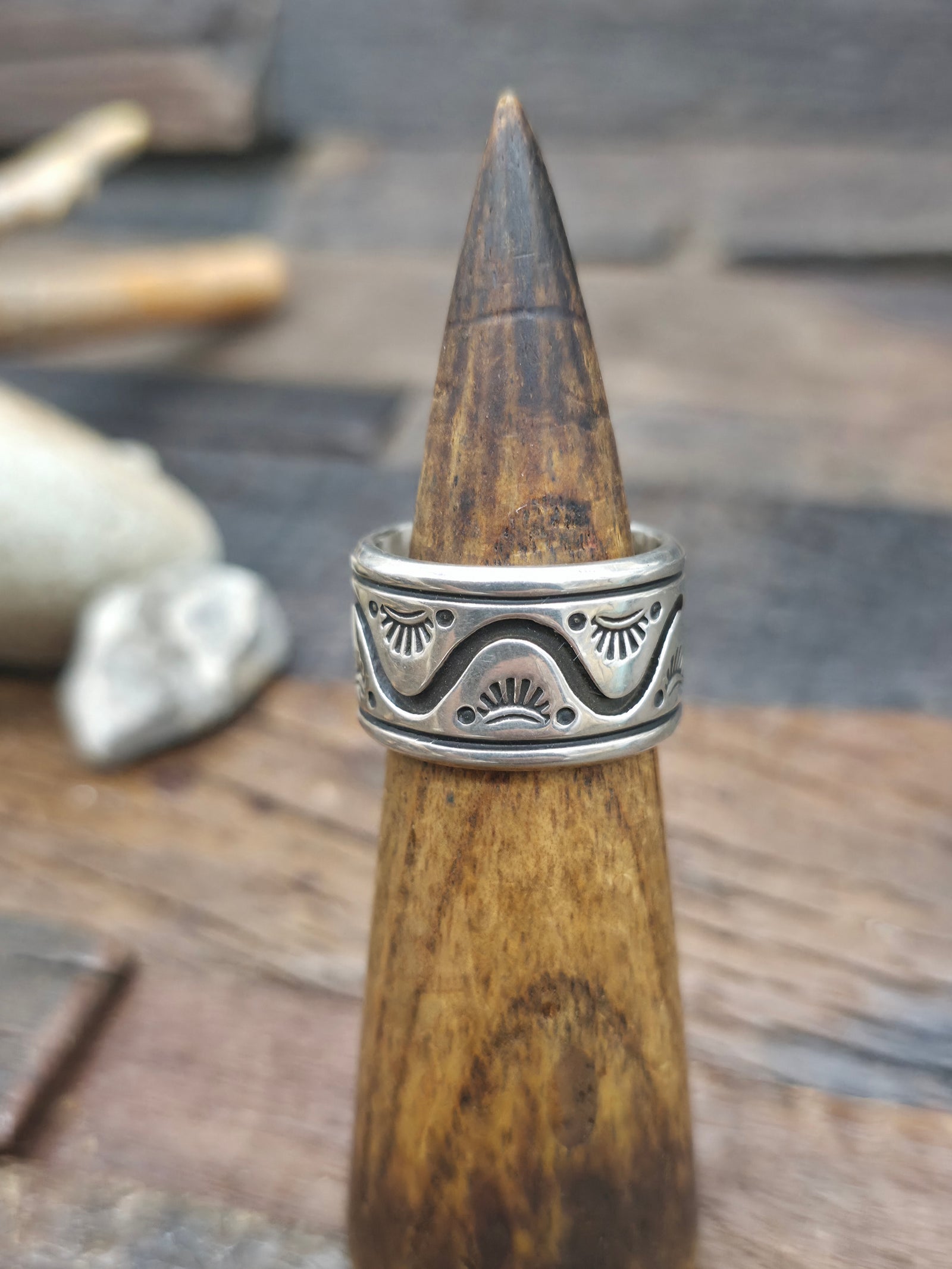 Sterling Silver Stamped Overlay Ring by Aaron John - Size 12