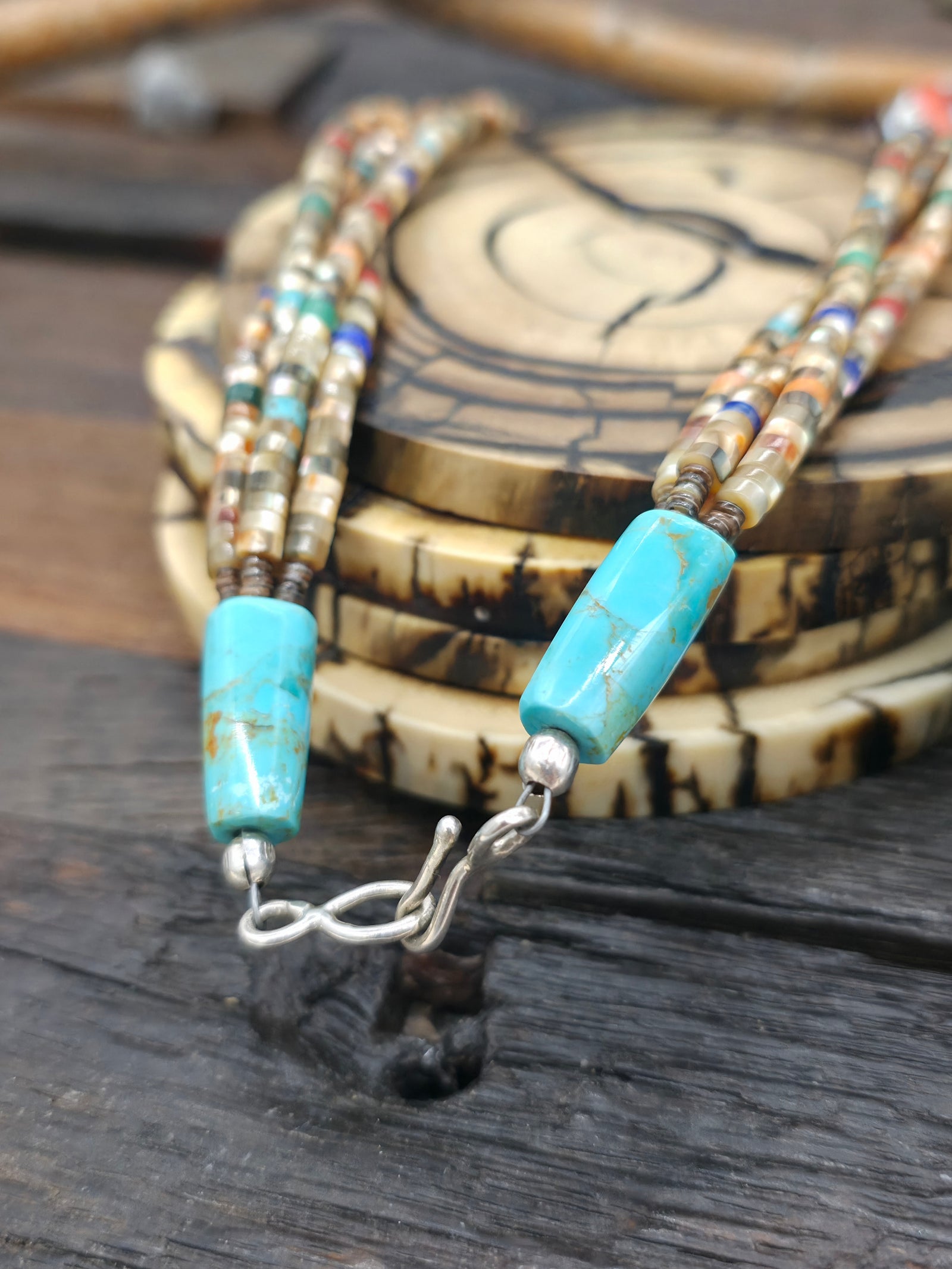 Four Strand Abalone Shell Necklace with Mosaic Inlay Swirl Pendant by Mary Tafoya - 19 1/2 in.