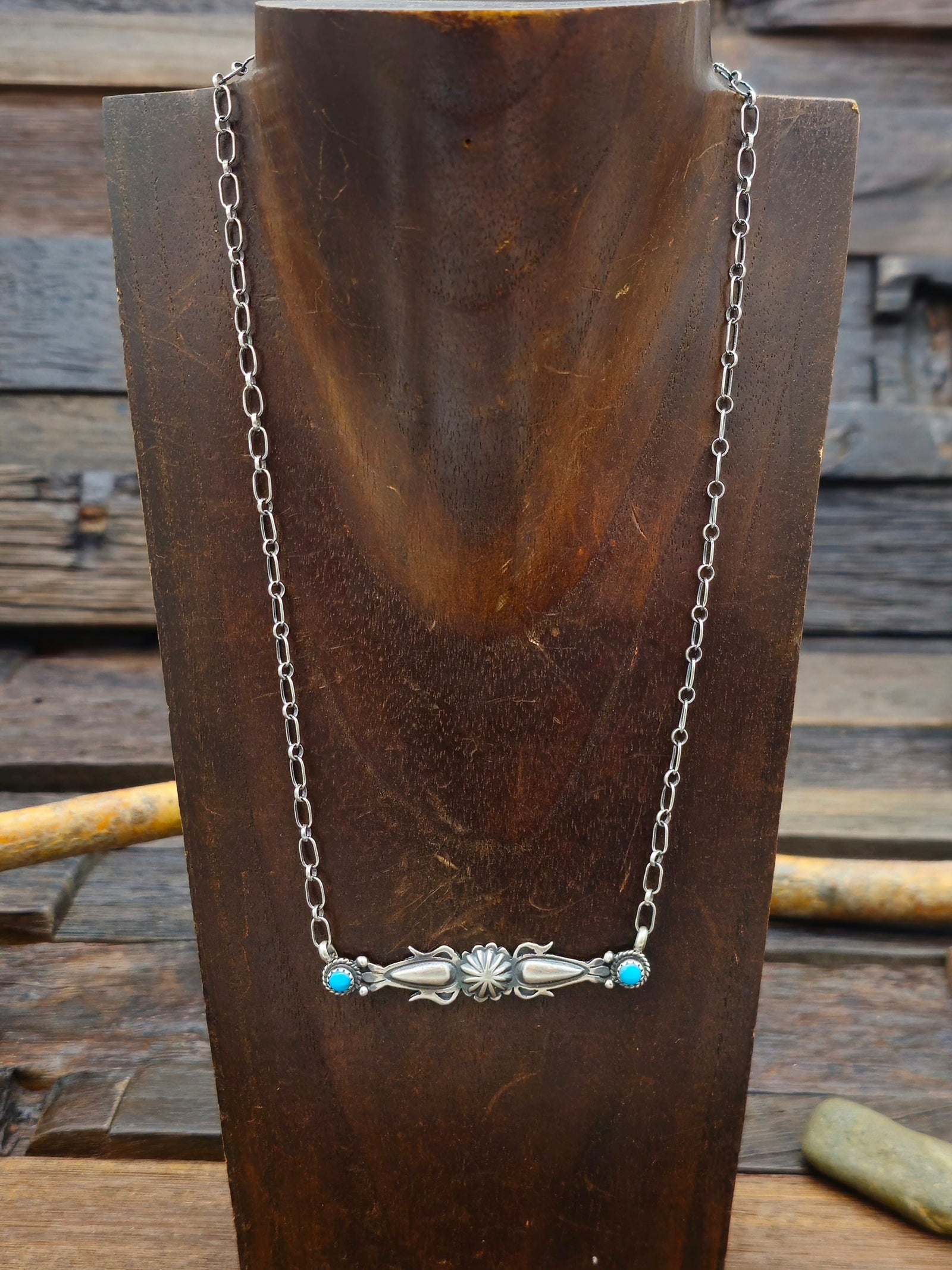 Turquoise and Sterling Silver Repousse Necklace by Marita Benally - 16 in.