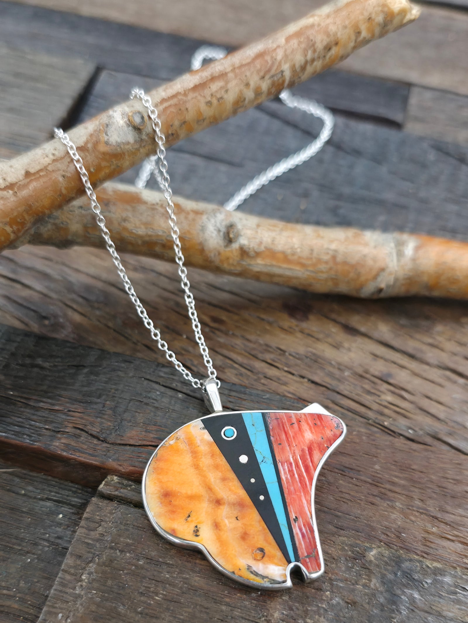 Large Sterling Silver Spiny Oyster and Turquoise Bear Pendant on Chain by Jimmy Poyer