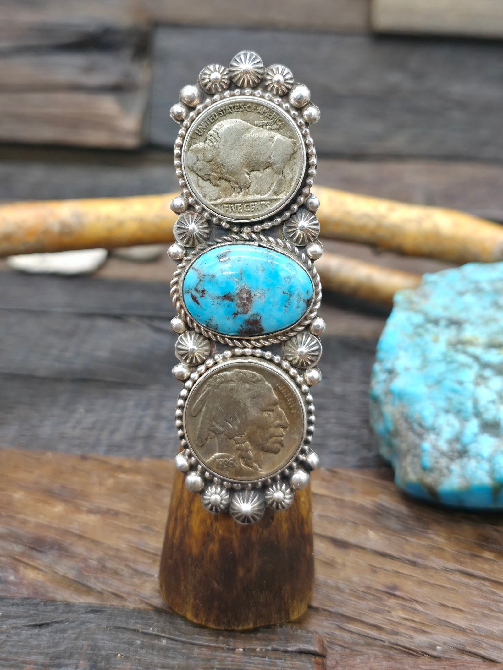 Sterling Silver Turquoise Ring with Buffalo and Chief Head Nickels by Rosella Paxson - Size 8 1/2