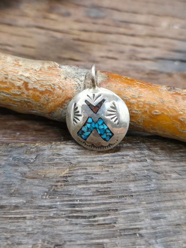 Sterling Silver Mountain Pendant with Turquoise and Coral Chip Inlay