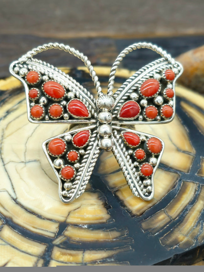 Adjustable Coral and Sterling Silver Butterfly Ring by Tina Jones.