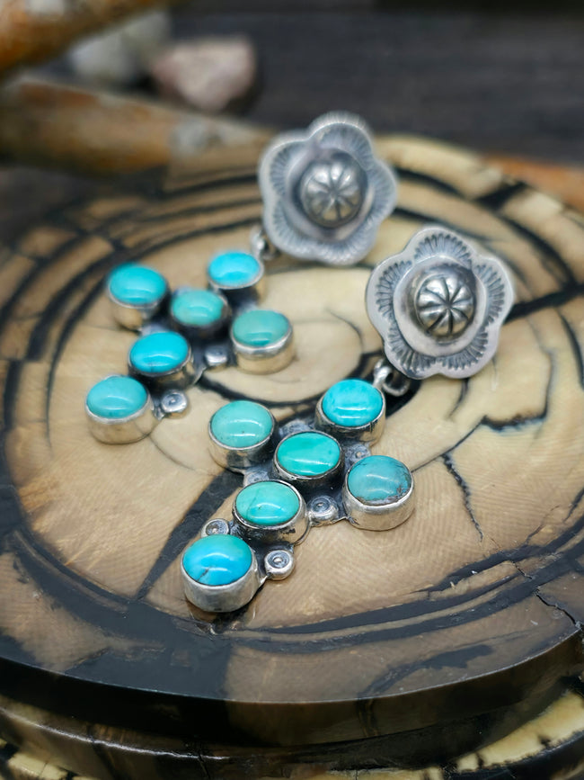 Turquoise Cross Earrings with Stamped Flower Post by Rosella Paxton