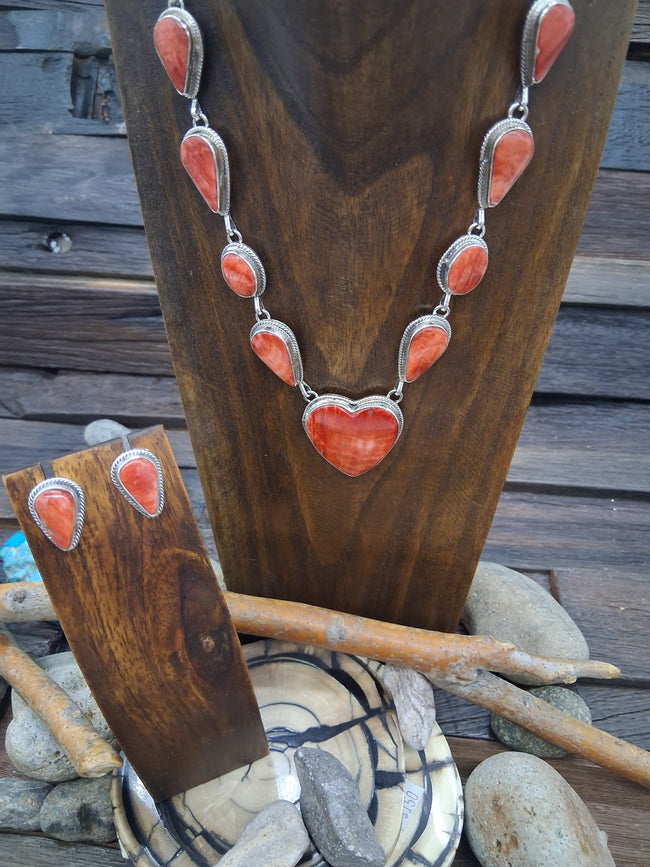 Red Spiny Oyster Heart Sterling Silver Necklace 22in and Post Earring Set by Paul Livingston