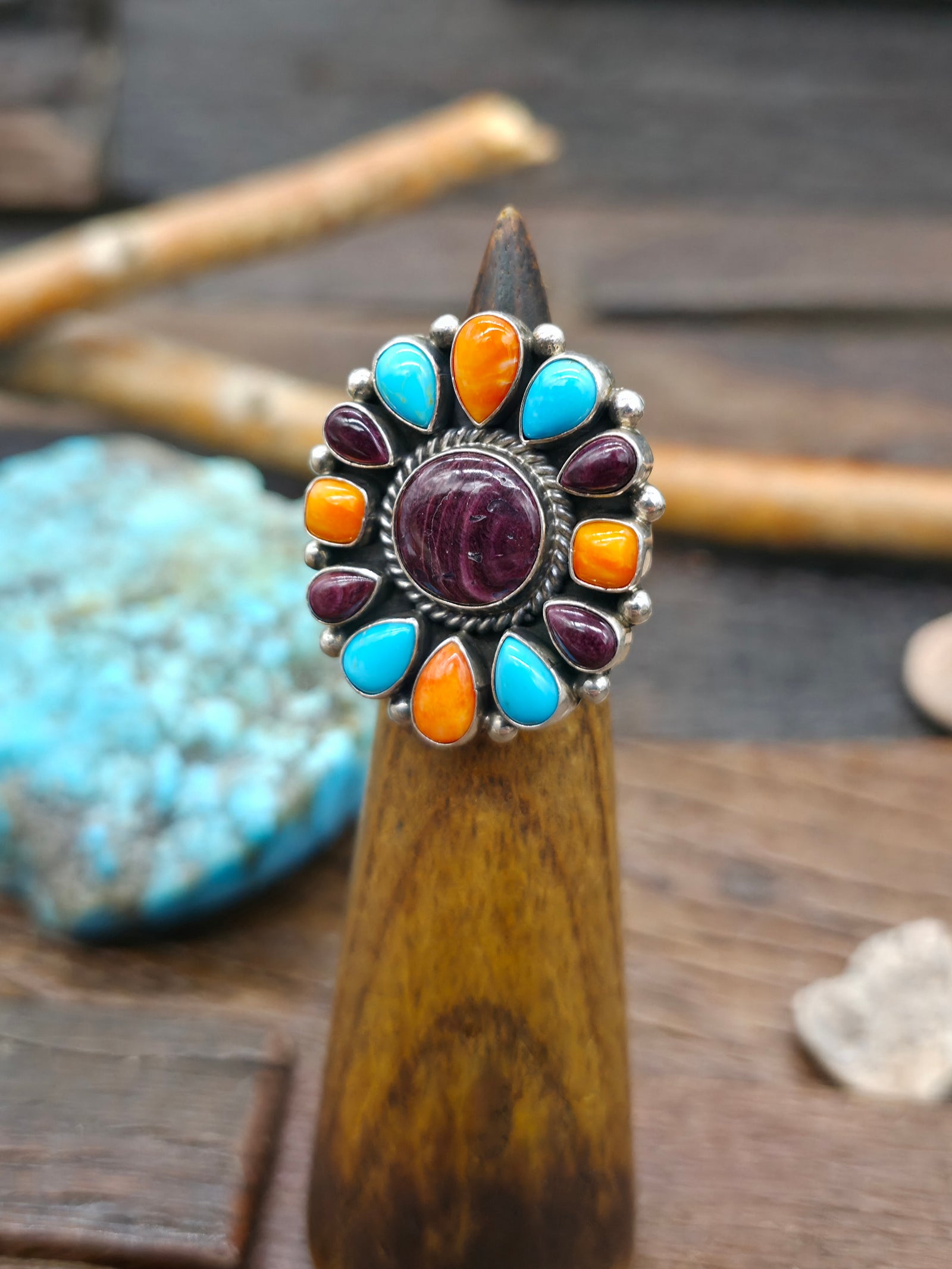 Sterling Silver Purple Spiny, Orange Spiny, and Turquoise Cluster Ring by C. Wylie - Size 6