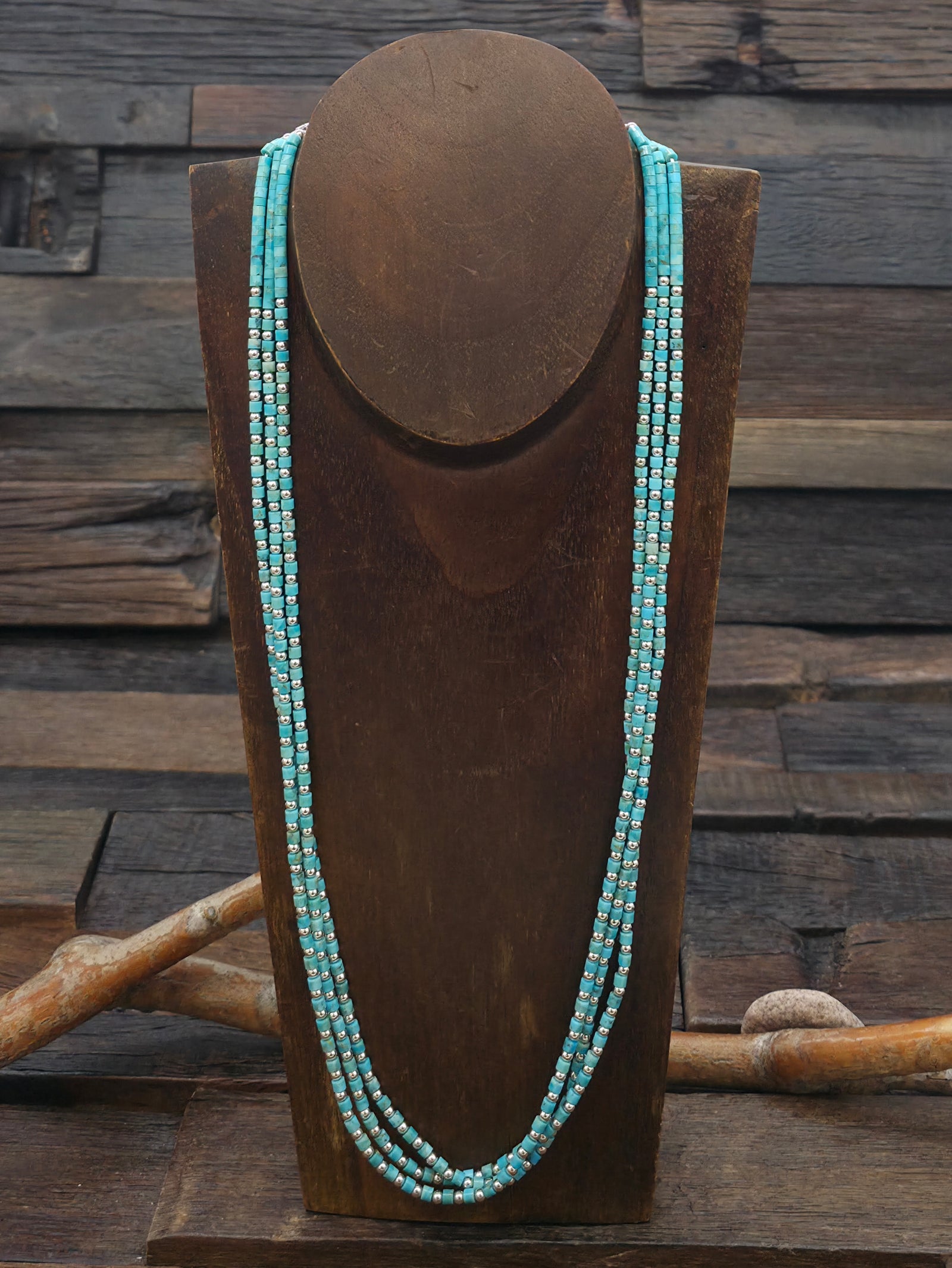 Three Strand Turquoise Heishi and Sterling Silver Bead Necklace - 25 in.