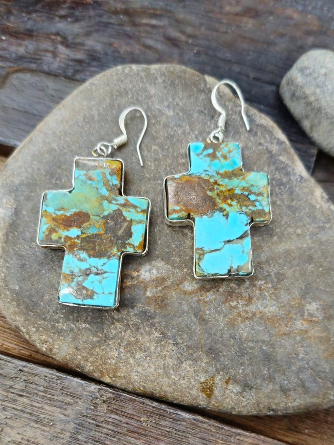 Green Cross Turquoise and Sterling Silver Slab Earrings by Veronica Tortalita