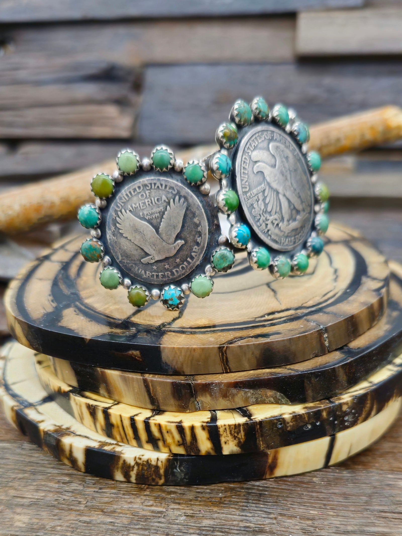Eagle Quarter and Half Dollar Coins Green Turquoise Cuff by L. Archuleta - 7 in.